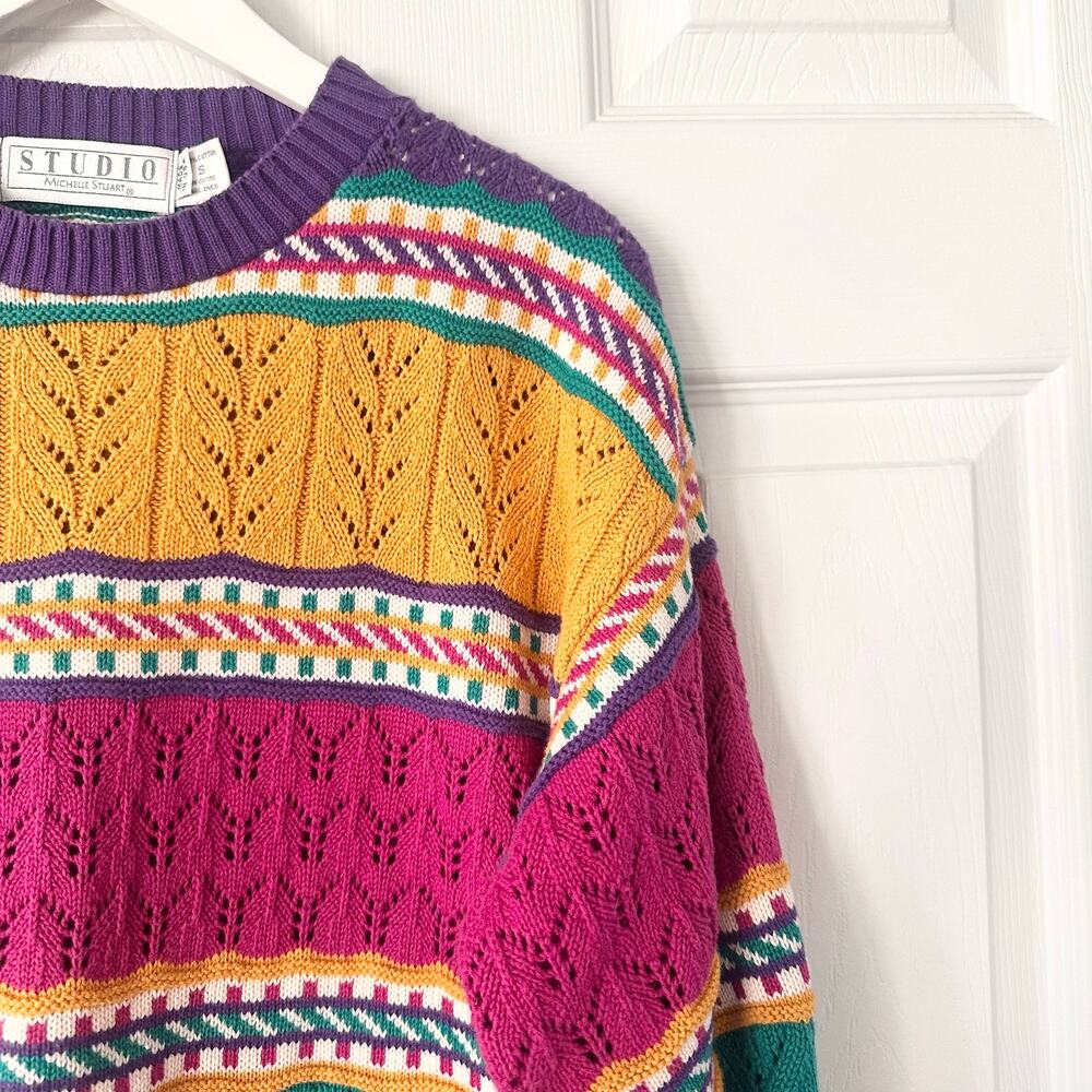 Studio Michelle Stuart USA Yellow Purple Pink Pointelle Stripe Sweater Small 80s - Picture 3 of 9